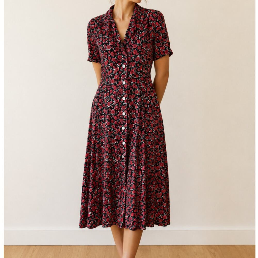 Christopher & Banks Vintage Floral Button Front Midi Dress Size 14 Red Rayon 90s